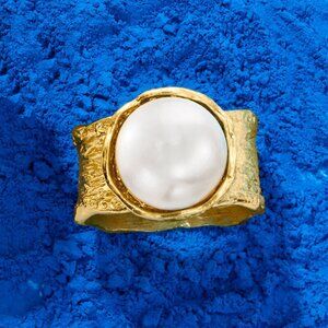 NWT Ross Simon 12mm Cultured Button Pearl Ring 18kt over Sterling Silver Size 7
